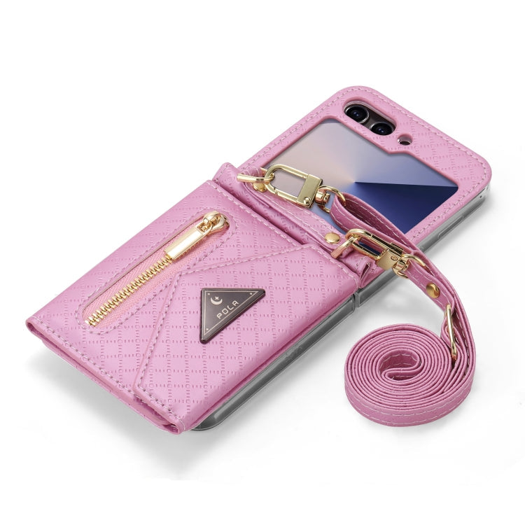 For Samsung Galaxy Z Flip6 POLA Grid Texture Multi-Card Slots Zipper Wallet Phone Case(Pink)