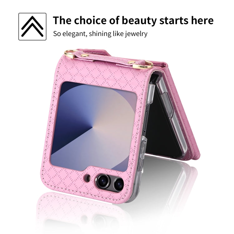 For Samsung Galaxy Z Flip6 POLA Grid Texture Multi-Card Slots Zipper Wallet Phone Case(Pink)