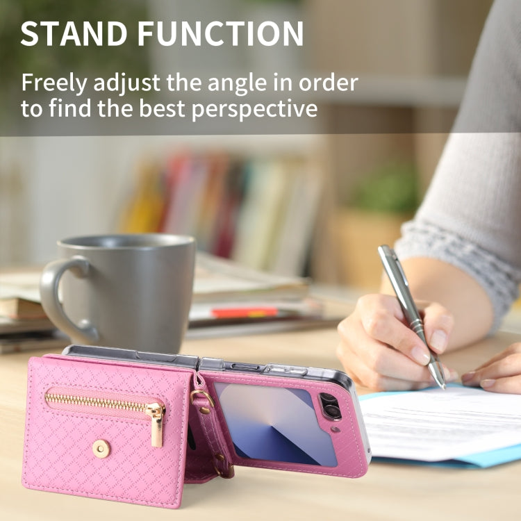 For Samsung Galaxy Z Flip6 POLA Grid Texture Multi-Card Slots Zipper Wallet Phone Case(Pink)