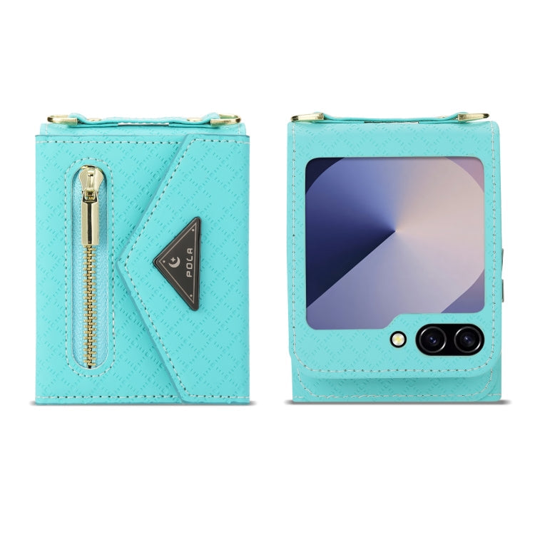 For Samsung Galaxy Z Flip6 POLA Grid Texture Multi-Card Slots Zipper Wallet Phone Case(Blue)