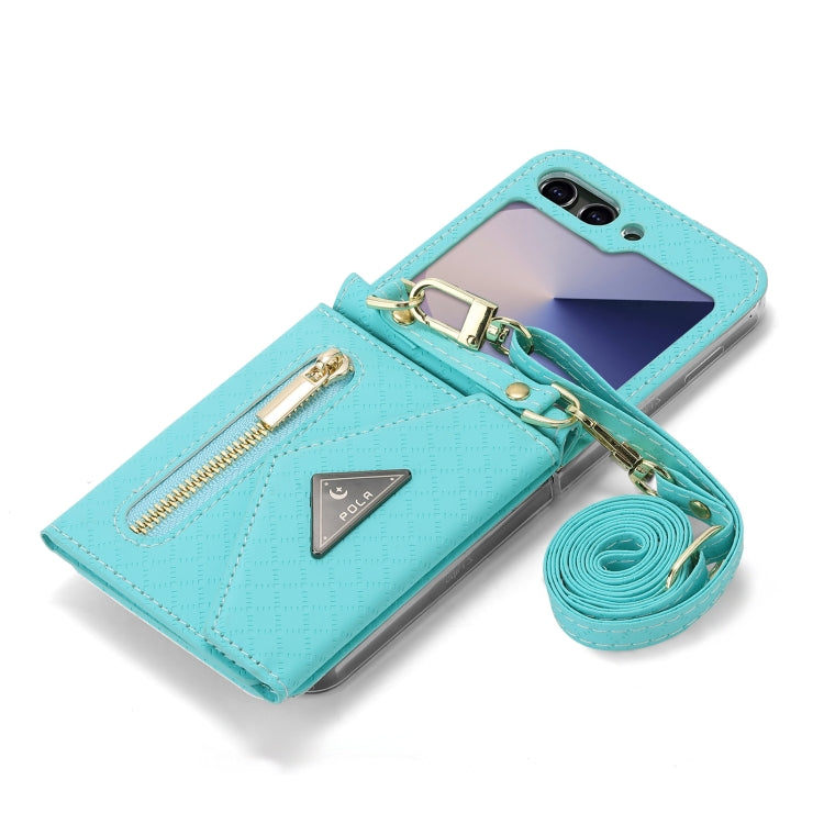 For Samsung Galaxy Z Flip6 POLA Grid Texture Multi-Card Slots Zipper Wallet Phone Case(Blue)