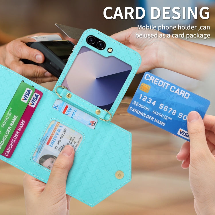 For Samsung Galaxy Z Flip6 POLA Grid Texture Multi-Card Slots Zipper Wallet Phone Case(Blue)