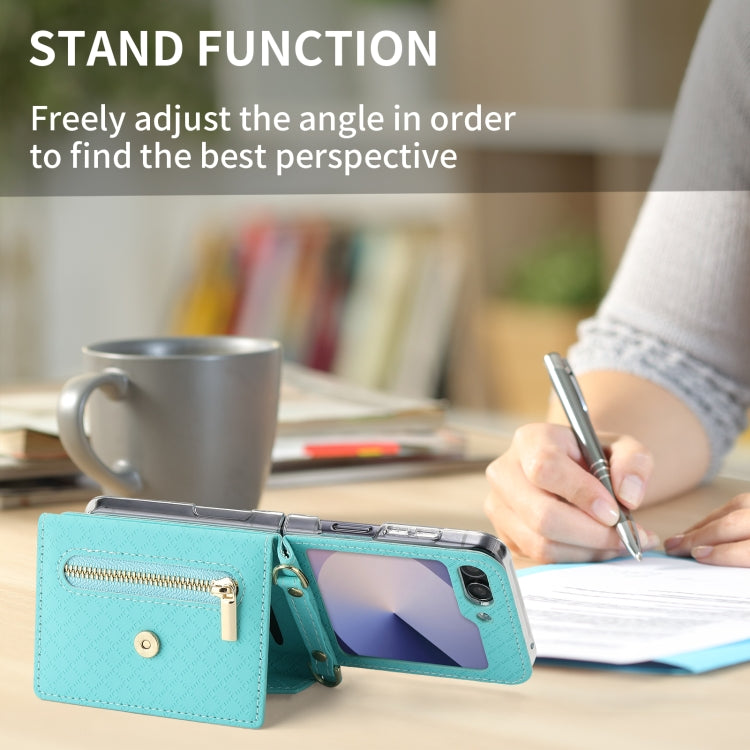 For Samsung Galaxy Z Flip6 POLA Grid Texture Multi-Card Slots Zipper Wallet Phone Case(Blue)