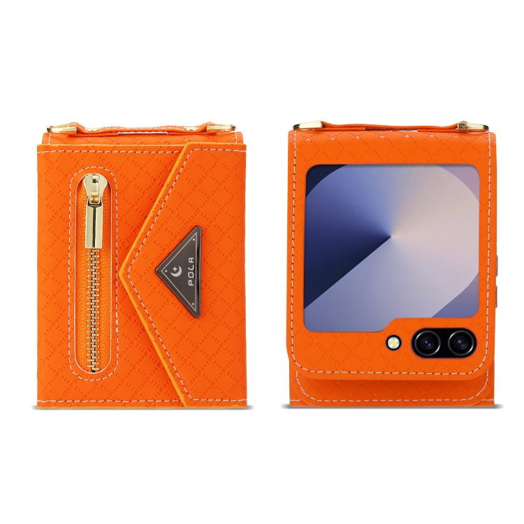 For Samsung Galaxy Z Flip6 POLA Grid Texture Multi-Card Slots Zipper Wallet Phone Case(Orange)
