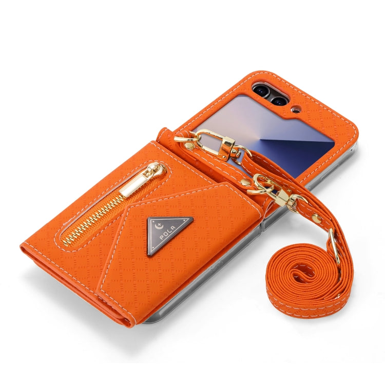 For Samsung Galaxy Z Flip6 POLA Grid Texture Multi-Card Slots Zipper Wallet Phone Case(Orange)