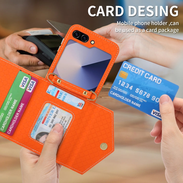 For Samsung Galaxy Z Flip6 POLA Grid Texture Multi-Card Slots Zipper Wallet Phone Case(Orange)