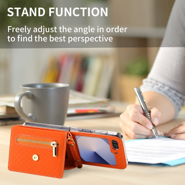 For Samsung Galaxy Z Flip6 POLA Grid Texture Multi-Card Slots Zipper Wallet Phone Case(Orange)