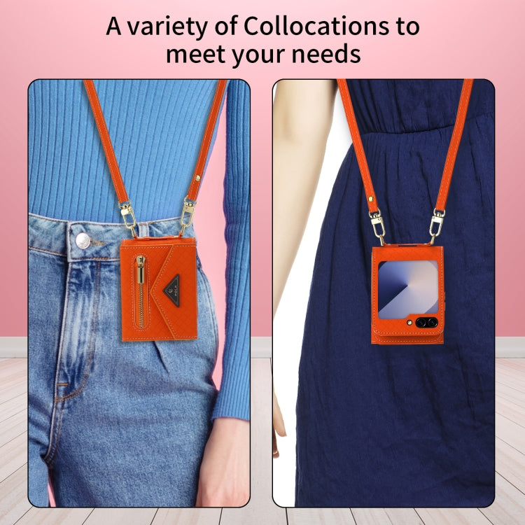 For Samsung Galaxy Z Flip6 POLA Grid Texture Multi-Card Slots Zipper Wallet Phone Case(Orange)