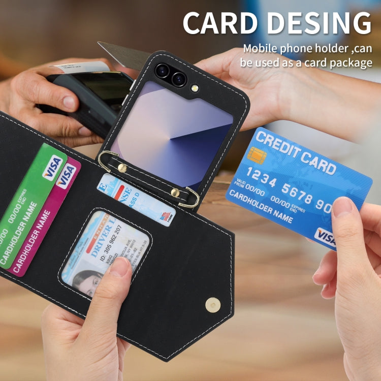 For Samsung Galaxy Z Flip6 POLA Grid Texture Multi-Card Slots Zipper Wallet Phone Case(Black)