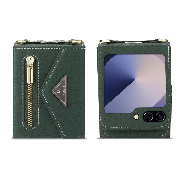 For Samsung Galaxy Z Flip6 POLA Grid Texture Multi-Card Slots Zipper Wallet Phone Case(Green)