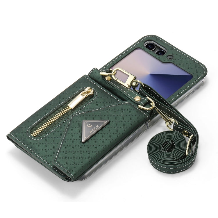 For Samsung Galaxy Z Flip6 POLA Grid Texture Multi-Card Slots Zipper Wallet Phone Case(Green)