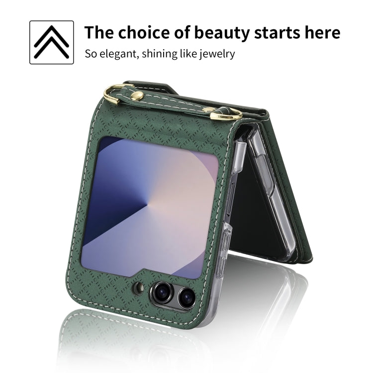 For Samsung Galaxy Z Flip6 POLA Grid Texture Multi-Card Slots Zipper Wallet Phone Case(Green)