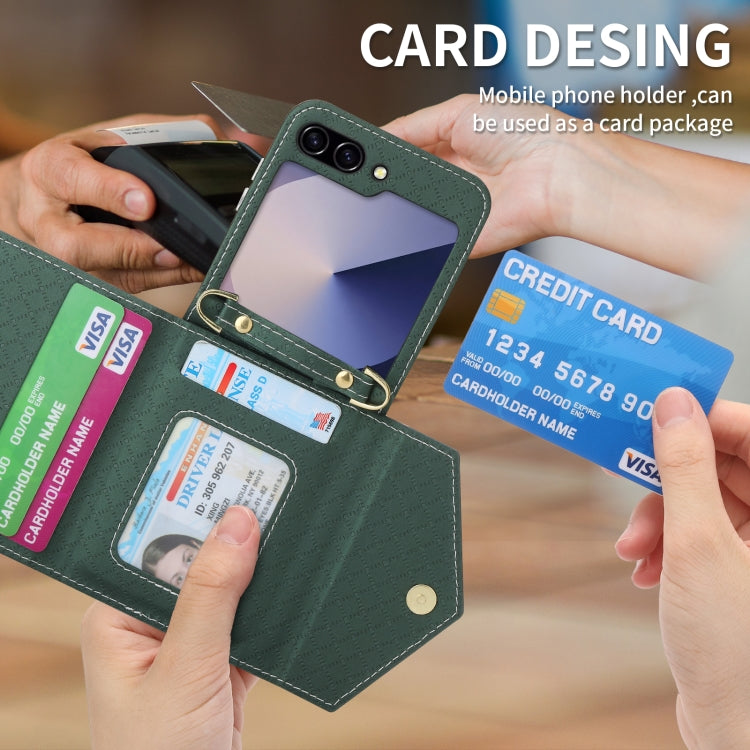 For Samsung Galaxy Z Flip6 POLA Grid Texture Multi-Card Slots Zipper Wallet Phone Case(Green)