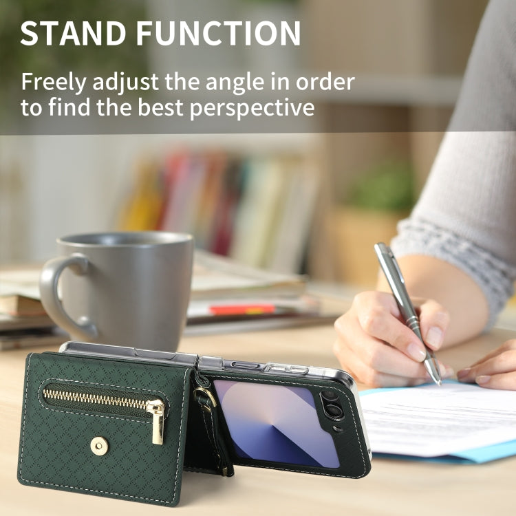 For Samsung Galaxy Z Flip6 POLA Grid Texture Multi-Card Slots Zipper Wallet Phone Case(Green)