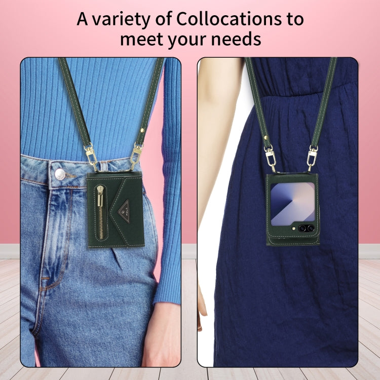For Samsung Galaxy Z Flip6 POLA Grid Texture Multi-Card Slots Zipper Wallet Phone Case(Green)