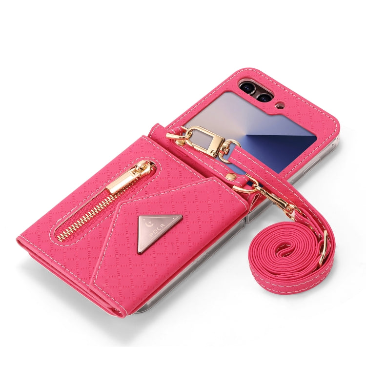 For Samsung Galaxy Z Flip6 POLA Grid Texture Multi-Card Slots Zipper Wallet Phone Case(Rose Red)