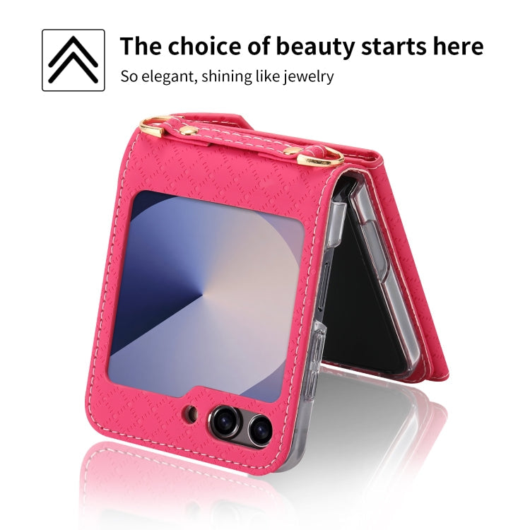 For Samsung Galaxy Z Flip6 POLA Grid Texture Multi-Card Slots Zipper Wallet Phone Case(Rose Red)