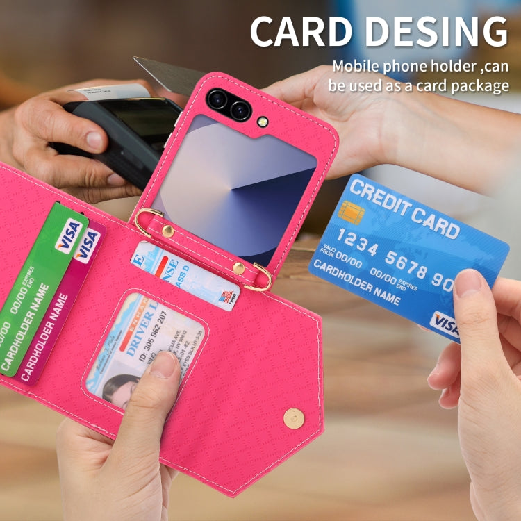 For Samsung Galaxy Z Flip6 POLA Grid Texture Multi-Card Slots Zipper Wallet Phone Case(Rose Red)