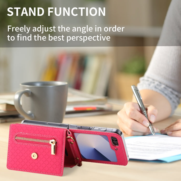 For Samsung Galaxy Z Flip6 POLA Grid Texture Multi-Card Slots Zipper Wallet Phone Case(Rose Red)