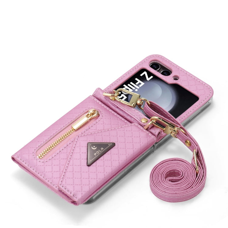 For Samsung Galaxy Z Flip5 POLA Grid Texture Multi-Card Slots Zipper Wallet Phone Case(Pink)