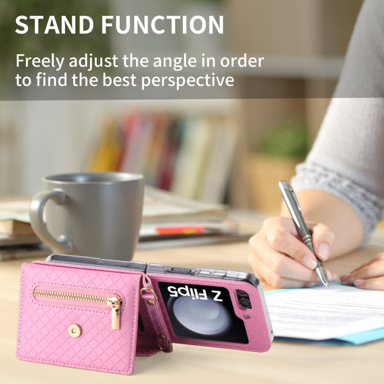 For Samsung Galaxy Z Flip5 POLA Grid Texture Multi-Card Slots Zipper Wallet Phone Case(Pink)