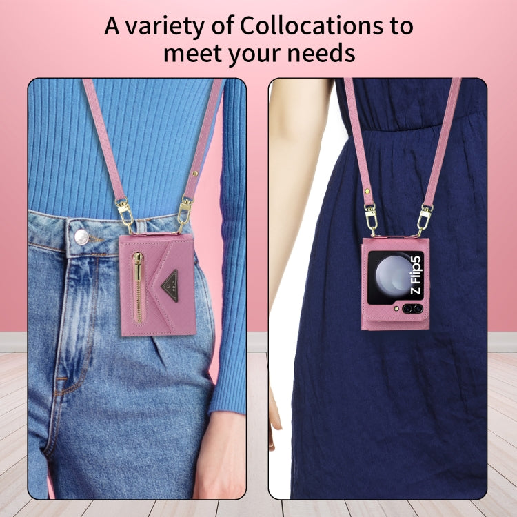 For Samsung Galaxy Z Flip5 POLA Grid Texture Multi-Card Slots Zipper Wallet Phone Case(Pink)
