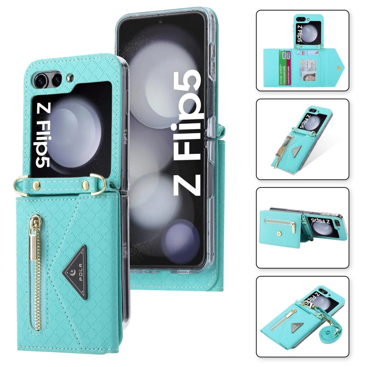 For Samsung Galaxy Z Flip5 POLA Grid Texture Multi-Card Slots Zipper Wallet Phone Case(Blue)