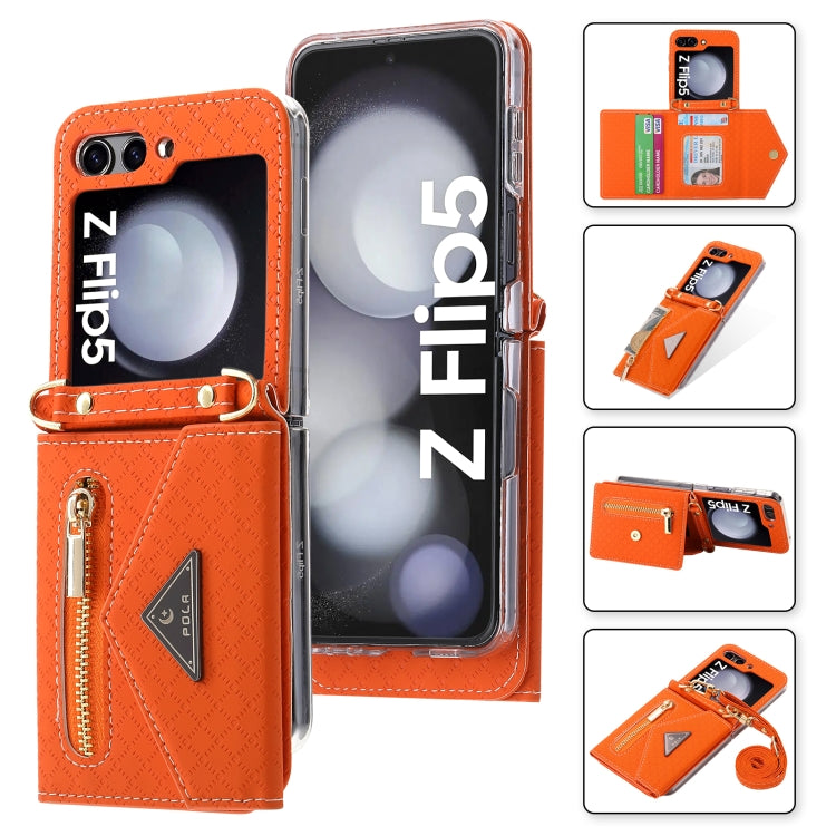 For Samsung Galaxy Z Flip5 POLA Grid Texture Multi-Card Slots Zipper Wallet Phone Case(Orange)