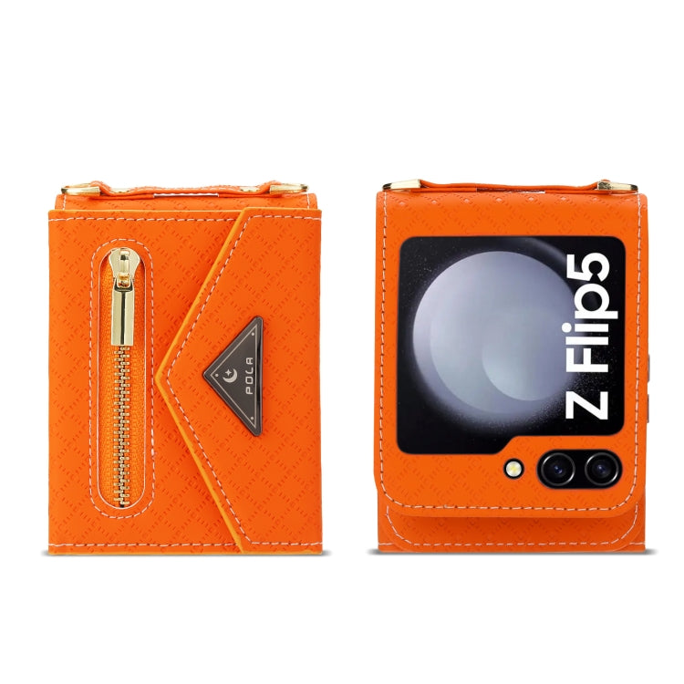 For Samsung Galaxy Z Flip5 POLA Grid Texture Multi-Card Slots Zipper Wallet Phone Case(Orange)