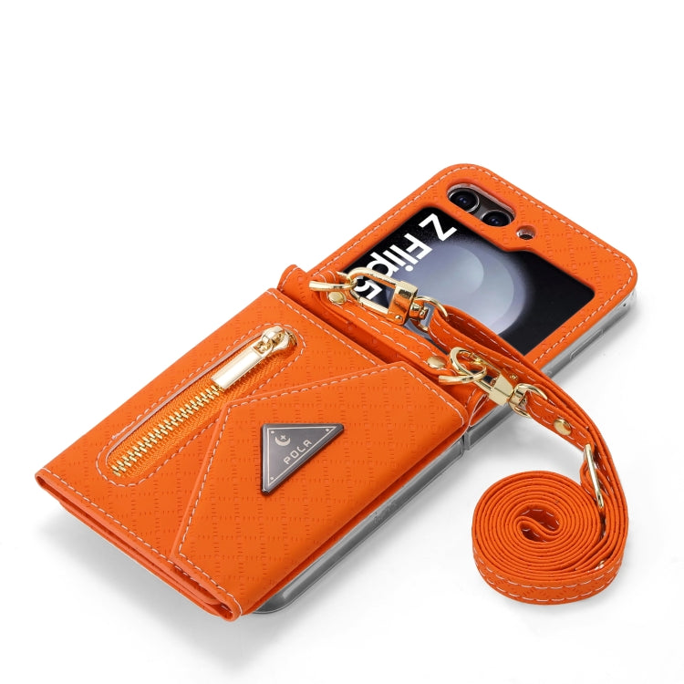 For Samsung Galaxy Z Flip5 POLA Grid Texture Multi-Card Slots Zipper Wallet Phone Case(Orange)
