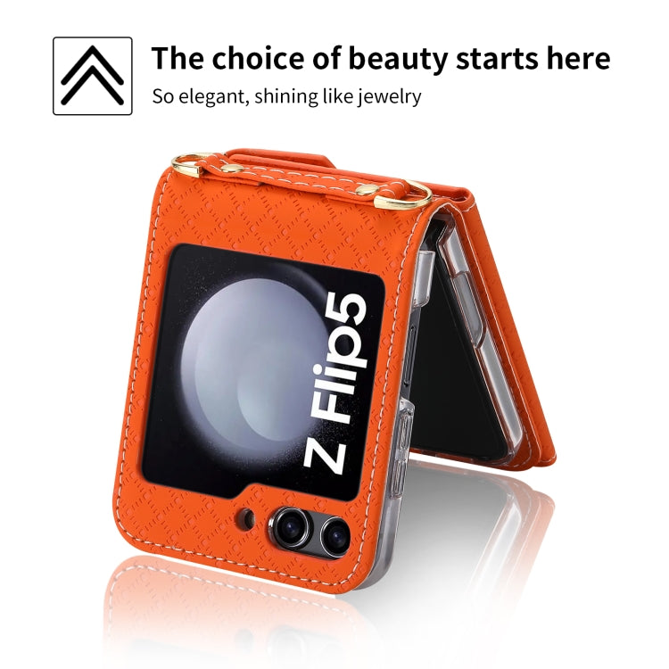 For Samsung Galaxy Z Flip5 POLA Grid Texture Multi-Card Slots Zipper Wallet Phone Case(Orange)