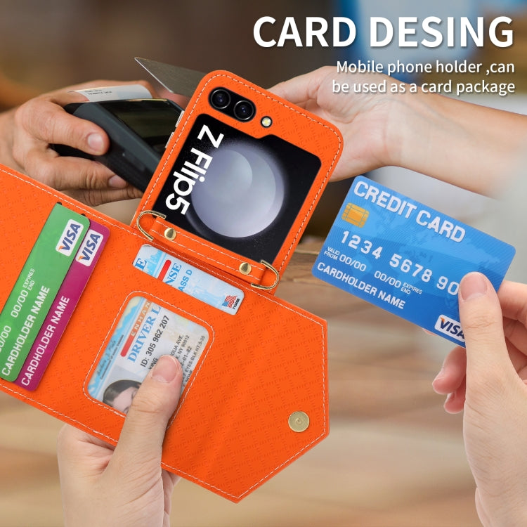 For Samsung Galaxy Z Flip5 POLA Grid Texture Multi-Card Slots Zipper Wallet Phone Case(Orange)