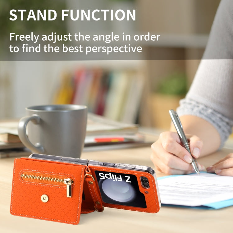 For Samsung Galaxy Z Flip5 POLA Grid Texture Multi-Card Slots Zipper Wallet Phone Case(Orange)