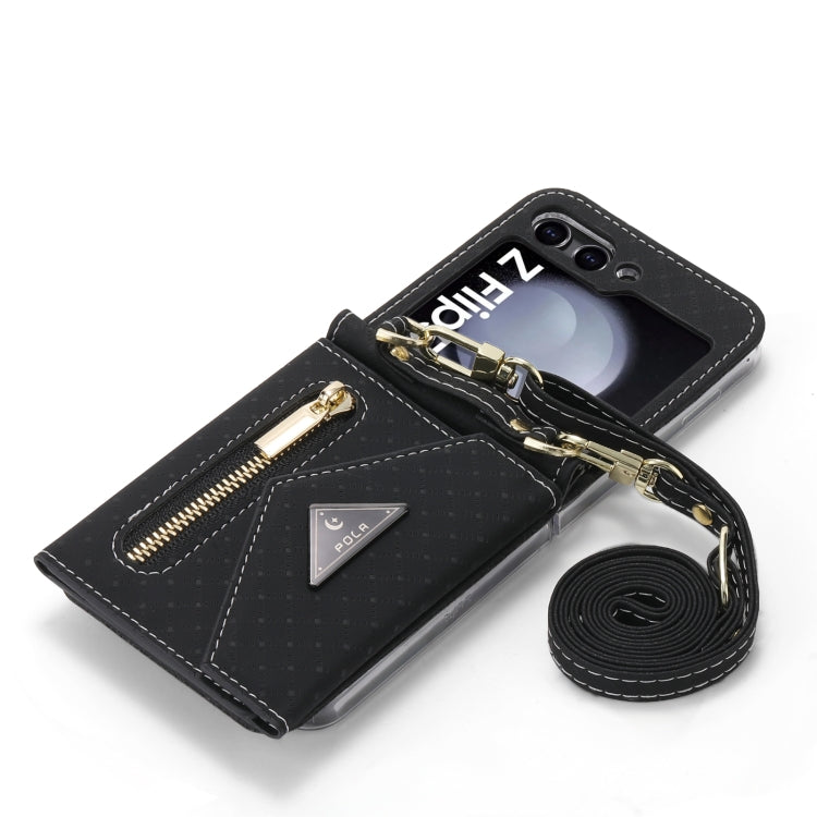 For Samsung Galaxy Z Flip5 POLA Grid Texture Multi-Card Slots Zipper Wallet Phone Case(Black)