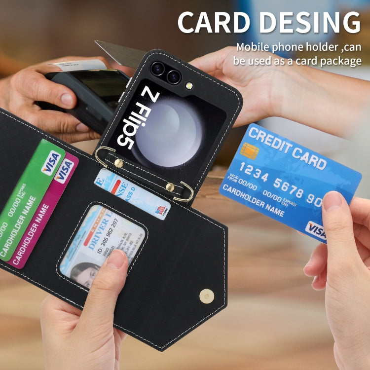 For Samsung Galaxy Z Flip5 POLA Grid Texture Multi-Card Slots Zipper Wallet Phone Case(Black)