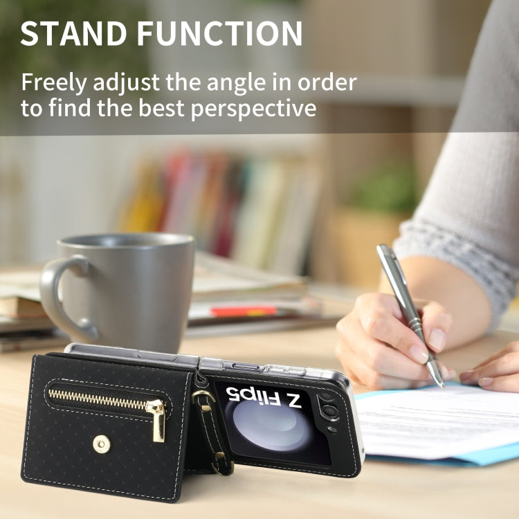 For Samsung Galaxy Z Flip5 POLA Grid Texture Multi-Card Slots Zipper Wallet Phone Case(Black)