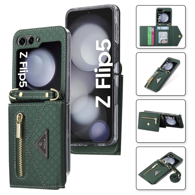 For Samsung Galaxy Z Flip5 POLA Grid Texture Multi-Card Slots Zipper Wallet Phone Case(Green)