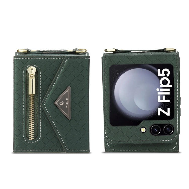 For Samsung Galaxy Z Flip5 POLA Grid Texture Multi-Card Slots Zipper Wallet Phone Case(Green)