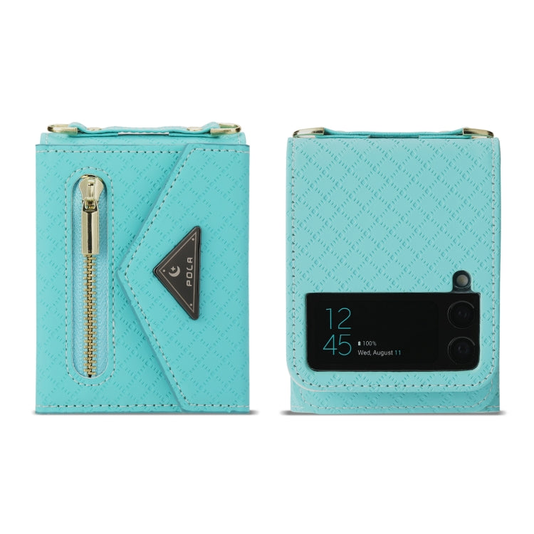 For Samsung Galaxy Z Flip4 POLA Grid Texture Multi-Card Slots Zipper Wallet Phone Case(Blue)