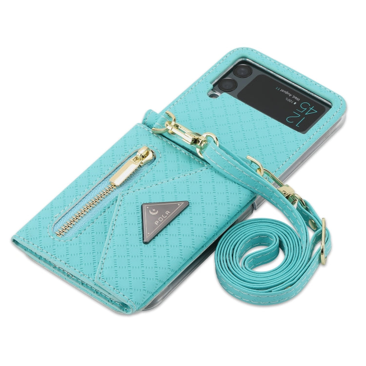 For Samsung Galaxy Z Flip4 POLA Grid Texture Multi-Card Slots Zipper Wallet Phone Case(Blue)