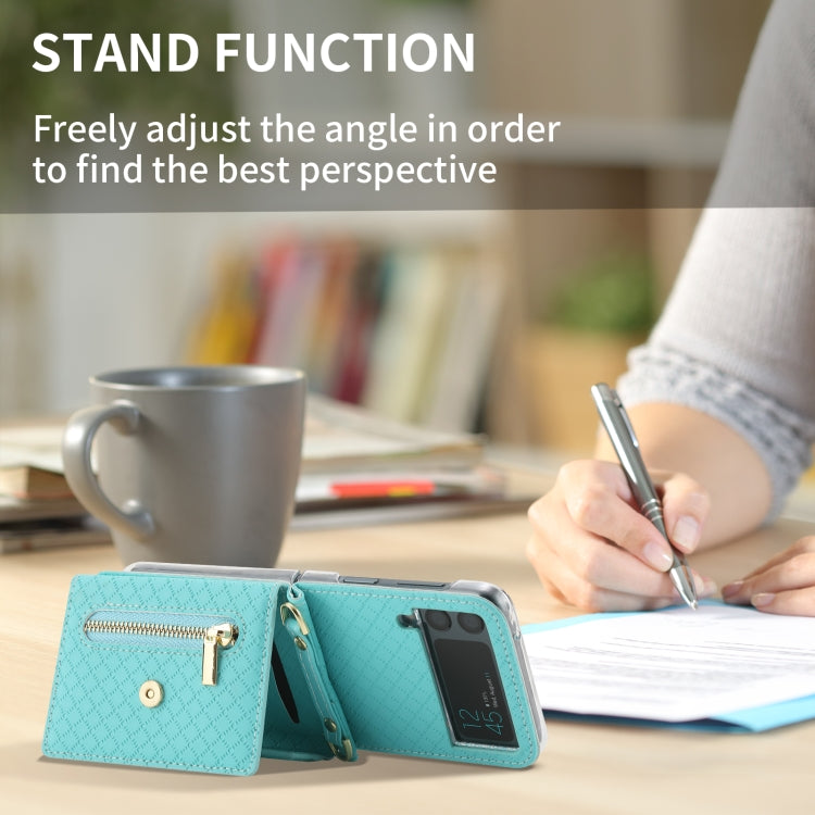 For Samsung Galaxy Z Flip4 POLA Grid Texture Multi-Card Slots Zipper Wallet Phone Case(Blue)