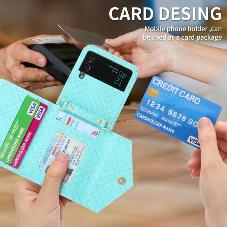 For Samsung Galaxy Z Flip4 POLA Grid Texture Multi-Card Slots Zipper Wallet Phone Case(Blue)
