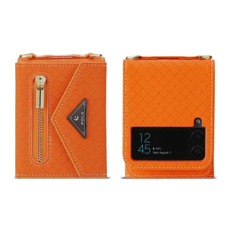 For Samsung Galaxy Z Flip4 POLA Grid Texture Multi-Card Slots Zipper Wallet Phone Case(Orange)