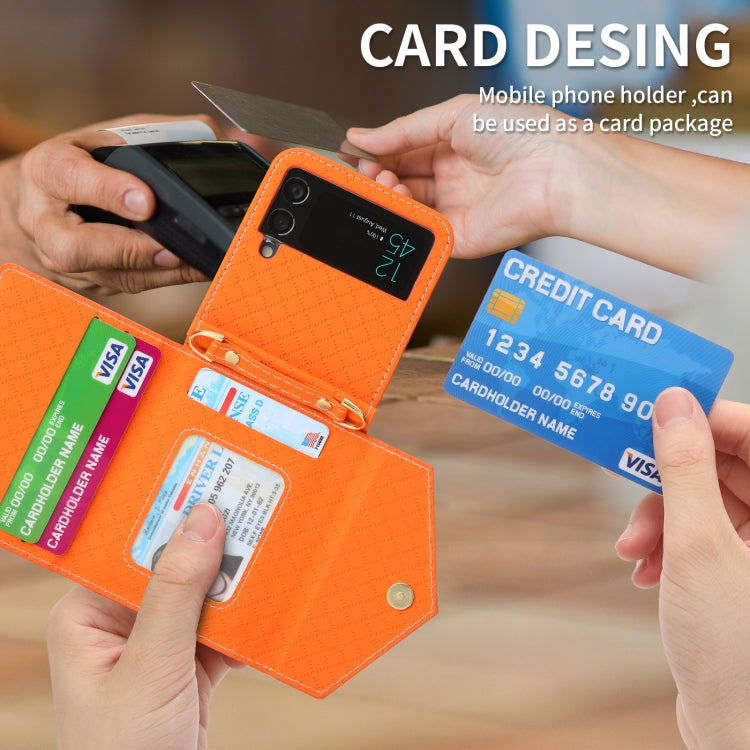 For Samsung Galaxy Z Flip4 POLA Grid Texture Multi-Card Slots Zipper Wallet Phone Case(Orange)