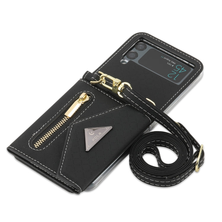 For Samsung Galaxy Z Flip4 POLA Grid Texture Multi-Card Slots Zipper Wallet Phone Case(Black)