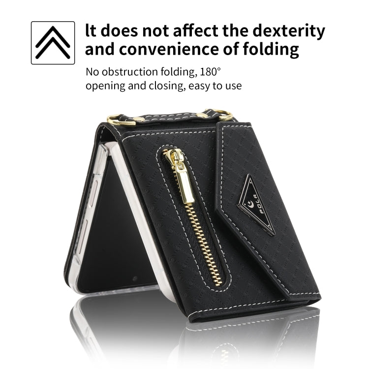 For Samsung Galaxy Z Flip4 POLA Grid Texture Multi-Card Slots Zipper Wallet Phone Case(Black)