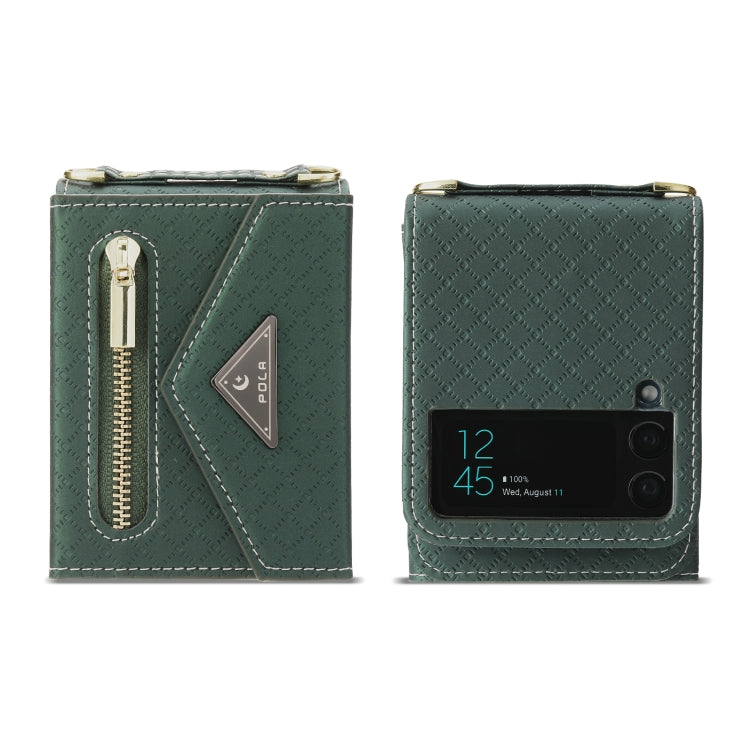 For Samsung Galaxy Z Flip4 POLA Grid Texture Multi-Card Slots Zipper Wallet Phone Case(Green)