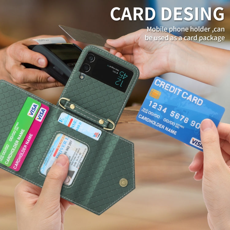 For Samsung Galaxy Z Flip4 POLA Grid Texture Multi-Card Slots Zipper Wallet Phone Case(Green)