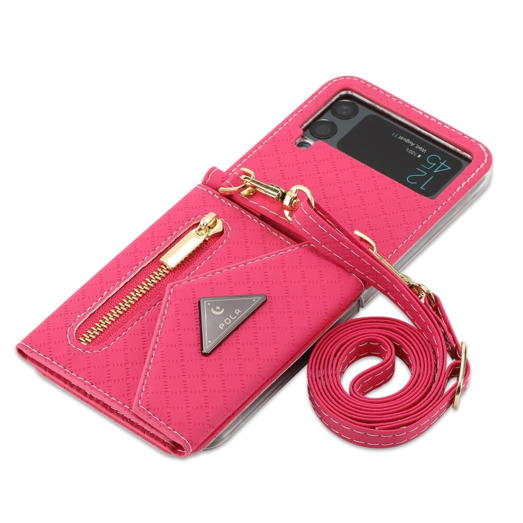 For Samsung Galaxy Z Flip4 POLA Grid Texture Multi-Card Slots Zipper Wallet Phone Case(Rose Red)