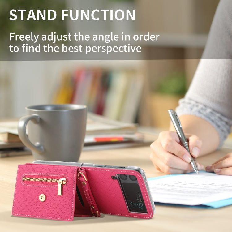 For Samsung Galaxy Z Flip4 POLA Grid Texture Multi-Card Slots Zipper Wallet Phone Case(Rose Red)